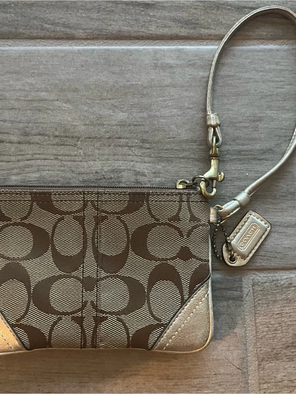 Coach Brown Signature Canvas Wristlet with Metallic Gold Trim